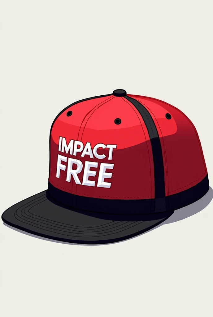 Illustration of a red and black baseball cap with the phrase Impact Free in white capital letters on the front