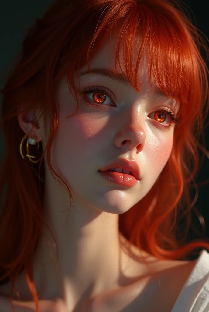1 girl, star eye, blush, perfect lighting, Red hair, Eyes red, engine unreal, side lighting, face detailed, bangss, shining skin, simple background, darkness background
