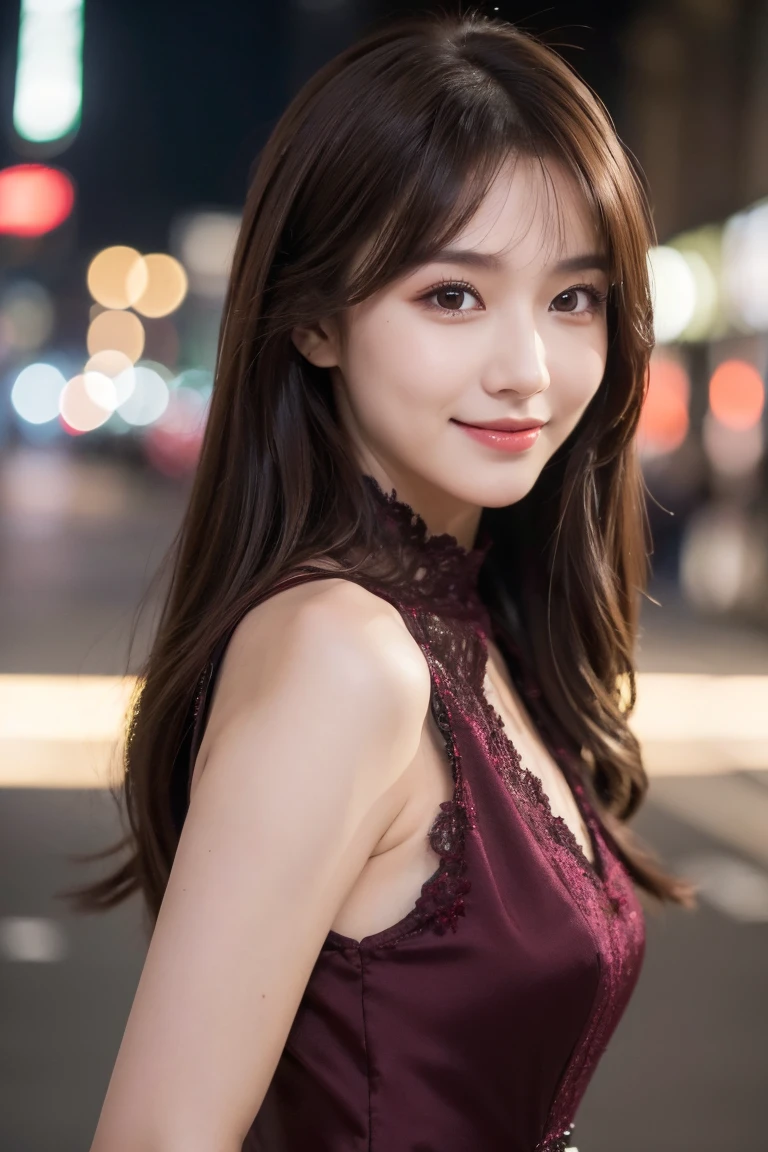 ((best quality, 8K, masterpiece :1.3)), 1 girl, Smile, whole body, Thin face, pretty Woman, (Dark brown hair), Burgundy long dress :1.1, Super detailed facial details, Exquisite eyes, Double eyelids, Blurred background, Thin face, City, External, street,