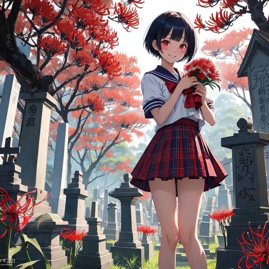 masterpiece、Bold, anime-style illustration、Dense painting、Creepy and cute、Cinematic lighting、Buddhist Cemetery、A high school girl visiting a grave、She holds a bouquet of red spider lilies in both hands、Invincible Smile、stylish、short hair、Short sailor suit、Tartan check mini skirt。