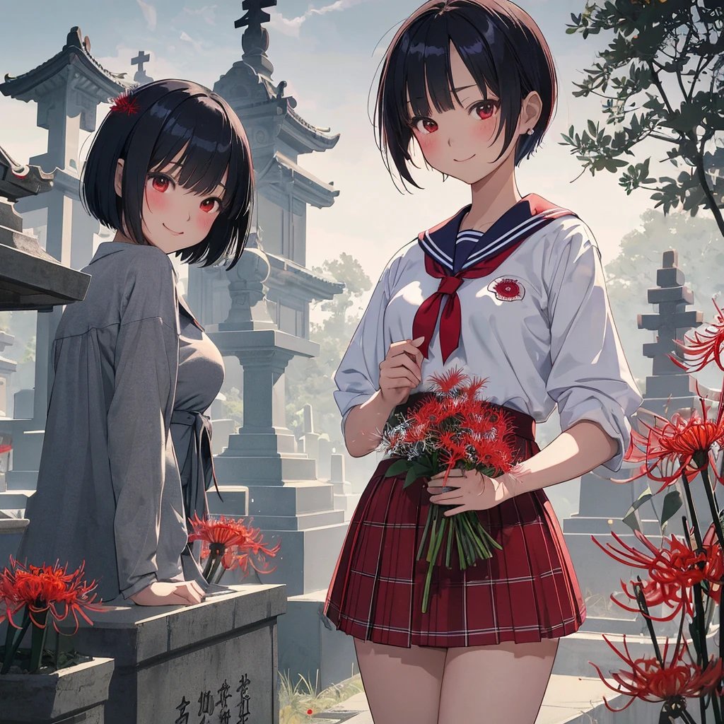 masterpiece、Bold, anime-style illustration、Dense painting、Creepy and cute、Cinematic lighting、Buddhist Cemetery、A high school girl visiting a grave、She holds a bouquet of red spider lilies in both hands、Invincible Smile、stylish、short hair、Short sailor suit、Tartan check mini skirt。