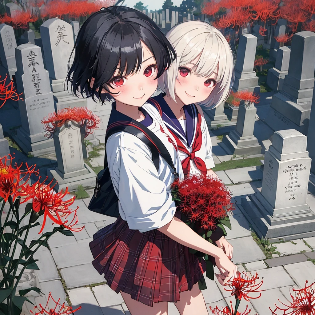 masterpiece、Bold, anime-style illustration、Dense painting、Creepy and cute、Cinematic lighting、Buddhist Cemetery、A high school girl visiting a grave、She holds a bouquet of red spider lilies in both hands、Invincible Smile、stylish、short hair、Short sailor suit、Tartan check mini skirt。