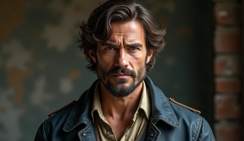 The first character, a rugged man with wavy brown hair and a determined expression, is dressed in a vintage navy-blue jacket over a cream shirt.