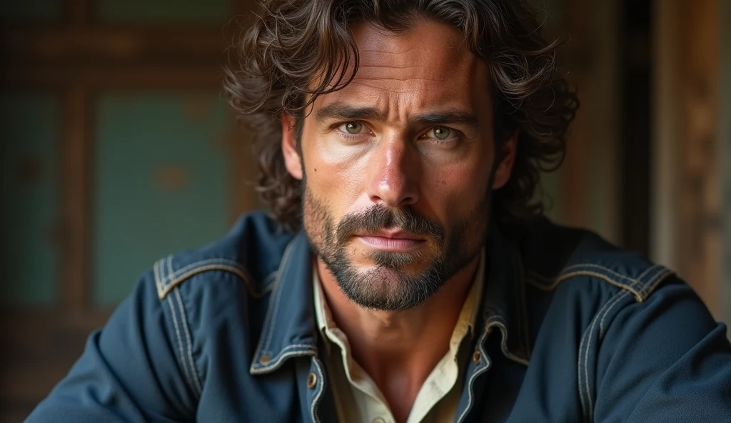 The first character, a rugged man with wavy brown hair and a determined expression, is dressed in a vintage navy-blue jacket over a cream shirt.