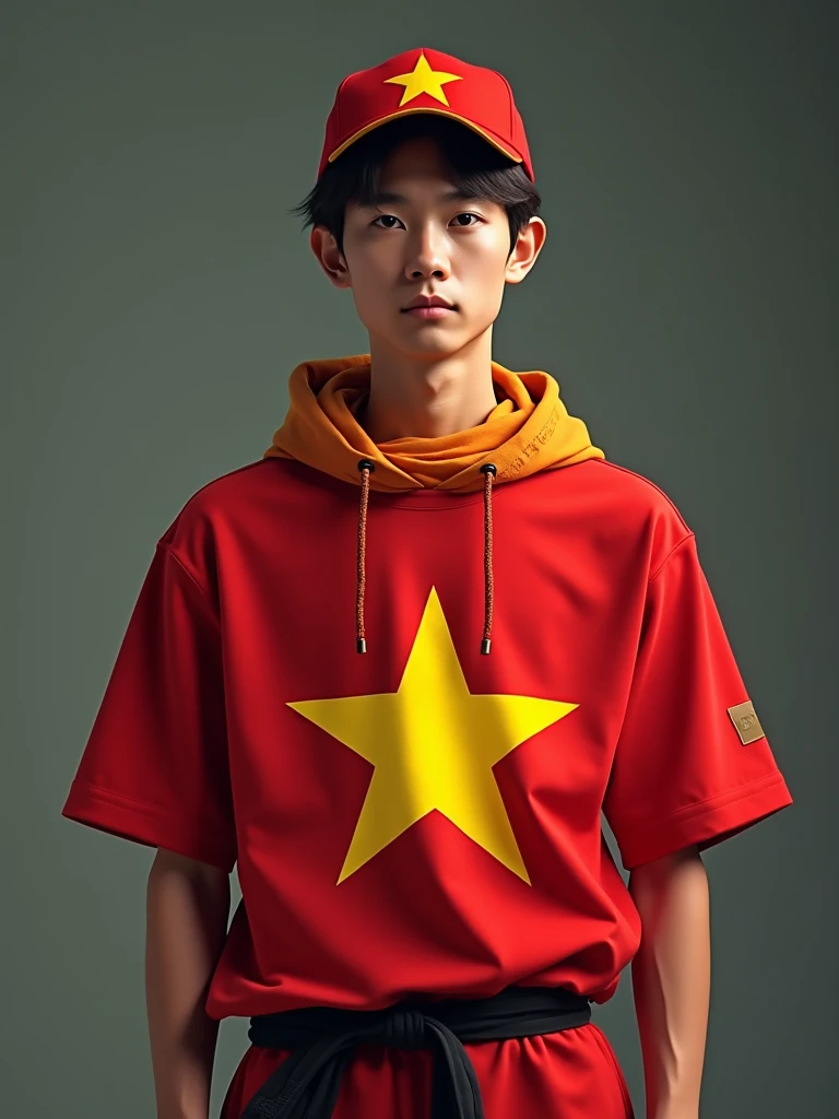 A young man wearing a Vietnamese flag outfit. He wears a red T-shirt with a prominent five-pointed yellow star in the middle, the symbol of the Vietnamese flag. His pants can be black or red, to balance the colors of the flag. This outfit shows patriotism and national pride. He can wear accessories such as a hat or a scarf that also has colors or images related to the Vietnamese flag.