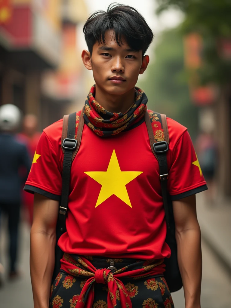 A young man wearing a Vietnamese flag outfit. He wears a red T-shirt with a prominent five-pointed yellow star in the middle, the symbol of the Vietnamese flag. His pants can be black or red, to balance the colors of the flag. This outfit shows patriotism and national pride. He can wear accessories such as a hat or a scarf that also has colors or images related to the Vietnamese flag.