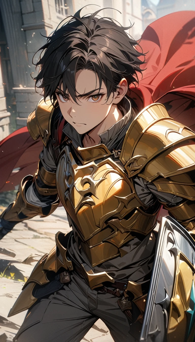 adult guy, short black hair, brown eyes, gray shirt and pants, yellow sleeveless paladin armor, red cape, shield, Masterpiece, best quality, Full HD, 8k, ultra details, great graphic