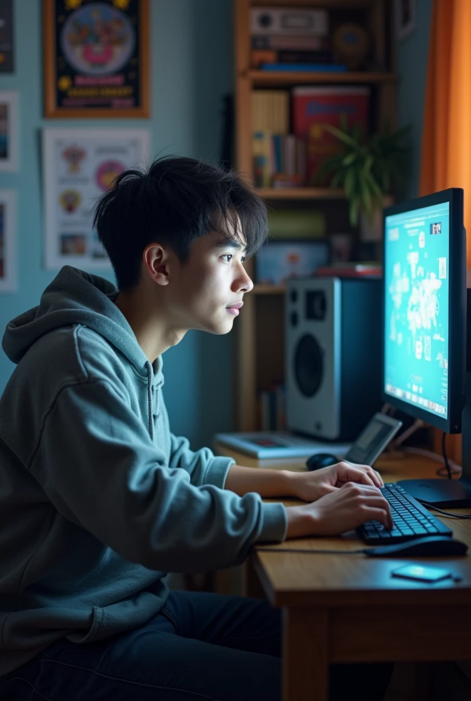 A college student
boy playing with his computer games on his room