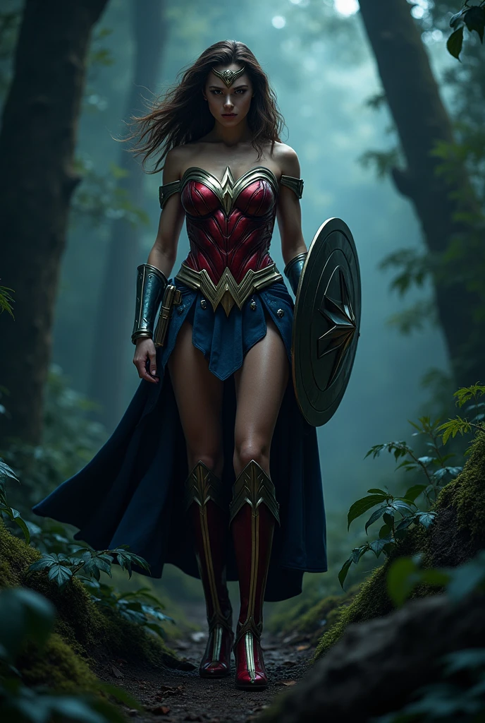 escarlata Johansson,Wonder Woman,full body portrait,ultra-realist,detailed,sexy,intimidating,Standing in a forest at night,holding his shield in his right hand,his left hand on his hip,(Best Quality,4k,8k,High resolution,masterpiece:1.2),ultra-detailed,(realist,photorealist,photo-realist:1.37),portrait,Heroin,Dark,dramatic lighting,vibrant colors,fierce expression,soft and flowing hair,reflective surface on the shield