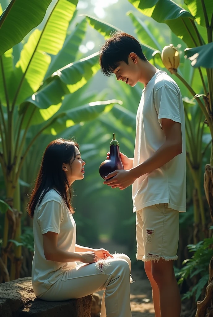 A beautiful Korean woman wearing a white tank top, she sits in fear, her two hands unbutton her torn pants, there is a handsome man, wearing a white T-shirt, wearing shorts, the man is holding an eggplant, laughing, the man is standing in front of the man. Banana garden background