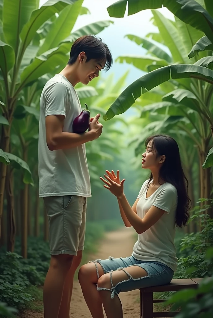 A beautiful Korean woman wearing a white tank top, she sits in fear, her two hands unbutton her torn pants, there is a handsome man, wearing a white T-shirt, wearing shorts, the man is holding an eggplant, laughing, the man is standing in front of the man. Banana garden background