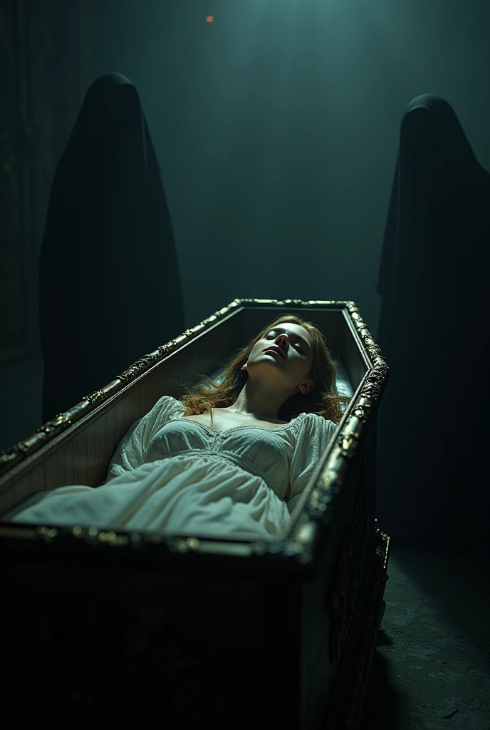 Elizabeth Olsen sleeping in a coffin,,barefoot,Two people