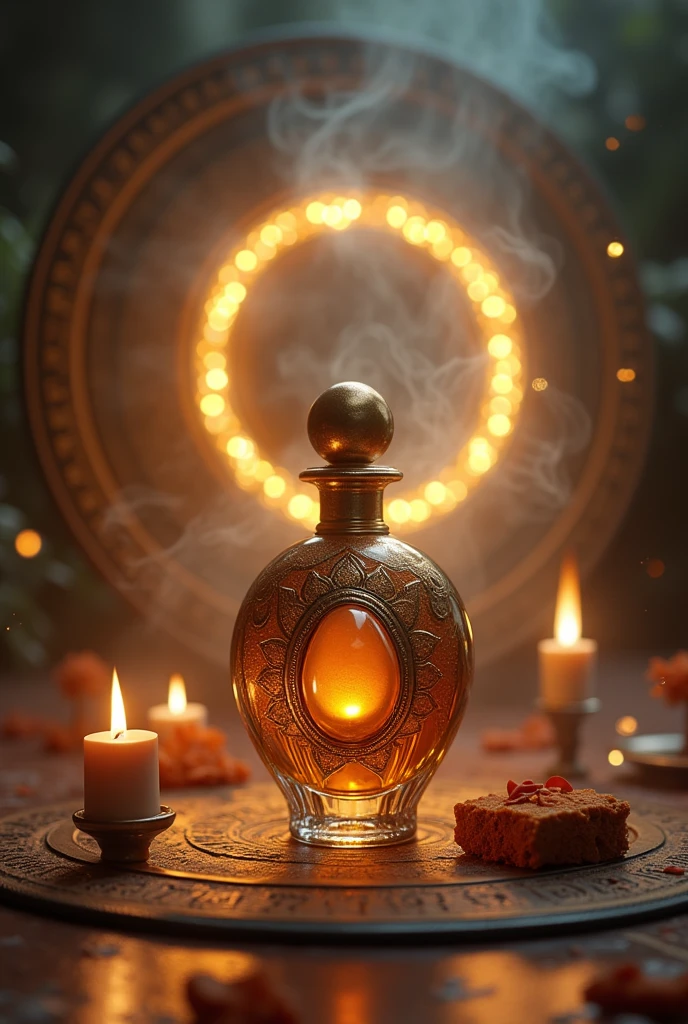 A glamorous perfume bottle, in the center of the bottle draw an egg. Ao fundo, do it gently, maintaining elegance a circle of golden light surrounding a flame of incense and a piece of myrrh. The image should convey a sense of protection and security., with symbols of spiritual protection in the background, like a shield or ancient runes. I want this image extremely realistic