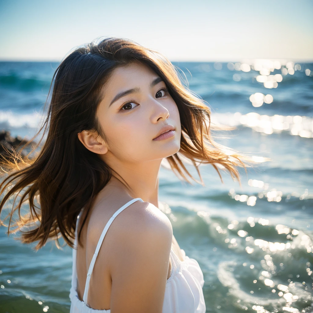 A hyper-realistic image of a single Japanese woman in her early 20s, captured with the nostalgic warmth and subtle graininess of a film camera, with the focus on her upper body from the shoulders up against a serene seaside backdrop. Her skin has a warm beige tone with a natural, slightly rough texture that includes visible pores, fine lines, and subtle imperfections such as small blemishes, adding to the authenticity of her appearance. The soft, diffused natural light reflects off the ocean waves, casting gentle, warm shadows across her face and shoulders, enhancing the film-like quality and creating a timeless, organic feel. Her straight, glossy black hair is slightly tousled by the ocean breeze, naturally framing her face, and her deep brown eyes reflect the soft light of the seaside, adding depth and emotion. The background subtly captures the peaceful ocean scenery with a glimpse of rolling waves and a faint horizon, blurred to maintain focus on her expression. The film camera effect introduces a slight grain and a softer focus, giving the image a warm, nostalgic atmosphere while maintaining the realistic texture of her skin. She is wearing a light, airy top that complements her natural beauty and the beach setting, with the overall composition designed to evoke a sense of genuine, understated elegance and connection with nature.