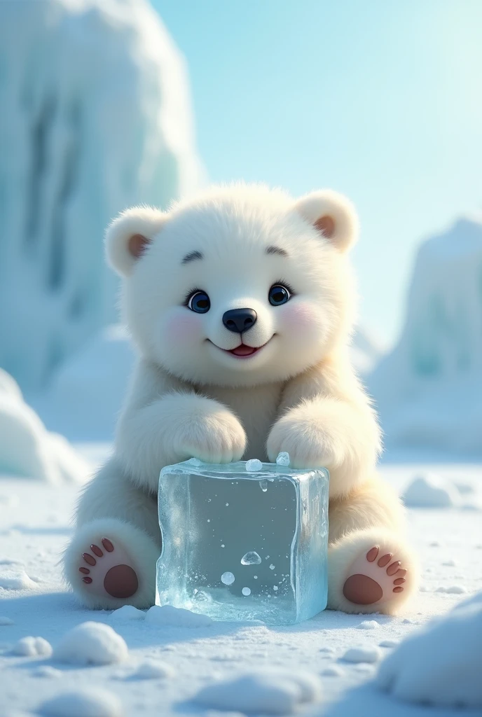 White bear, Beautiful fair skin, white fur, The body is white, Long, dense hair, At the North Pole, ultra realistic, realism, cute, charming, Daytime, Clean body, Medium height, Big eyes,Until fluffy, Ambient lighting, perfect anatomy, body and face in detail, Sitting hugging a clear ice cube,Sit and smile,Big eyesๆ,Looking ahead