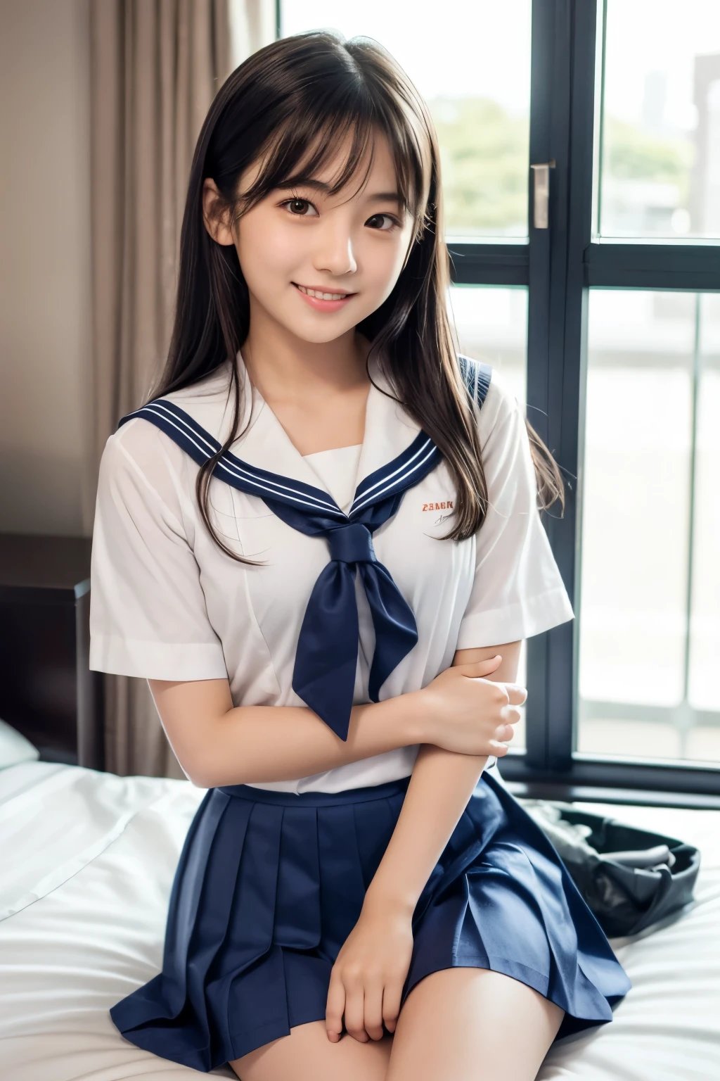 ung girl,very cute and beautiful japanese teenress,highly detailed beautiful face,
looking at viewer,smile,happy,sailor school uniform,navy blue pleated mini skirt,zettai ryouiki,
sitting on bed sheet,hotel bedroom in tokyo,window,town,bag,
solo,real person,photorealistic,8k,raw photo,