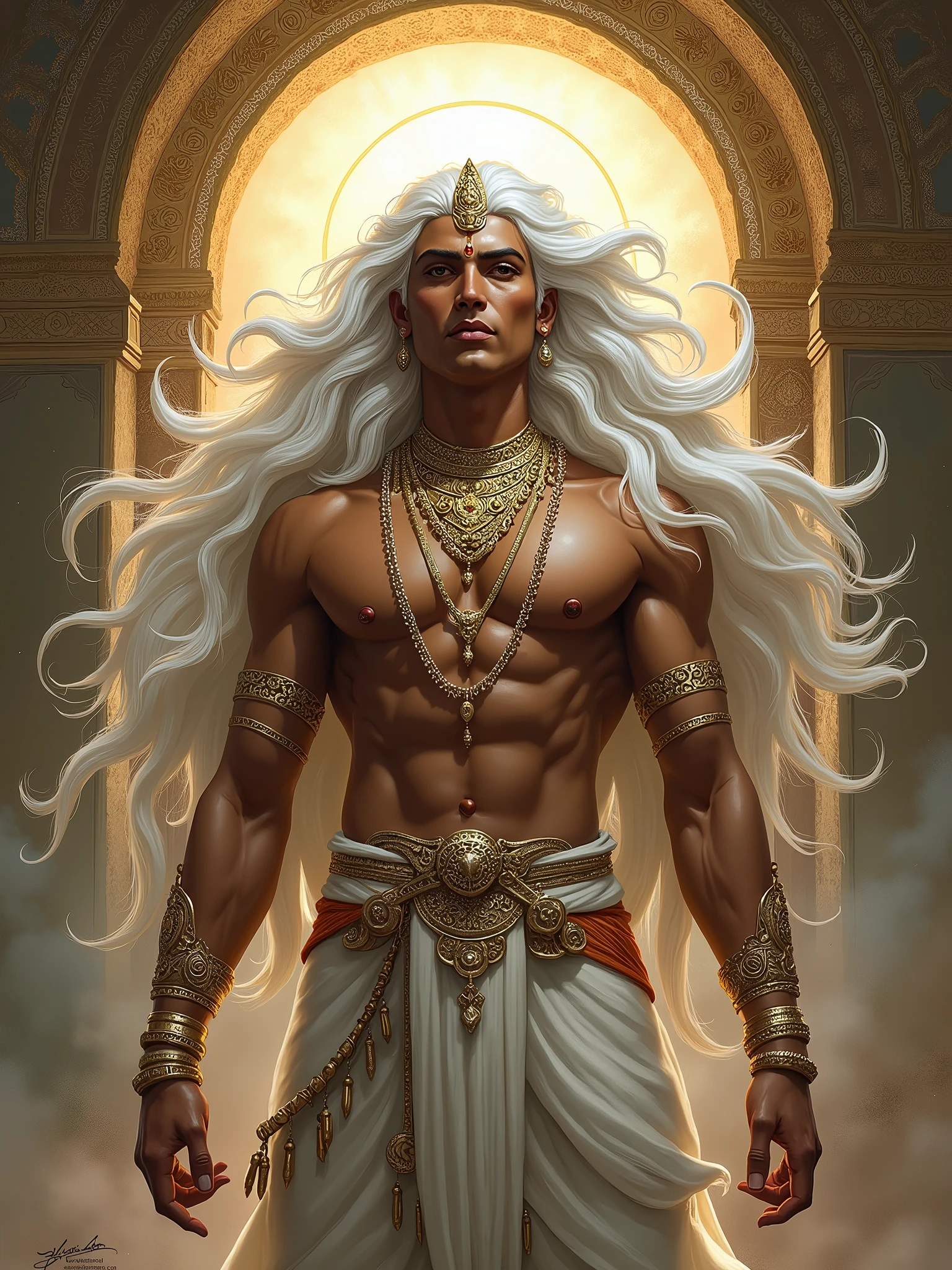 Indian god, white hair, gorgeous, amazing, muscular, intricate, highly detailed, digital painting, artstation, concept art, sharp focus, illustration, art by greg rutkowski and alphonse mucha