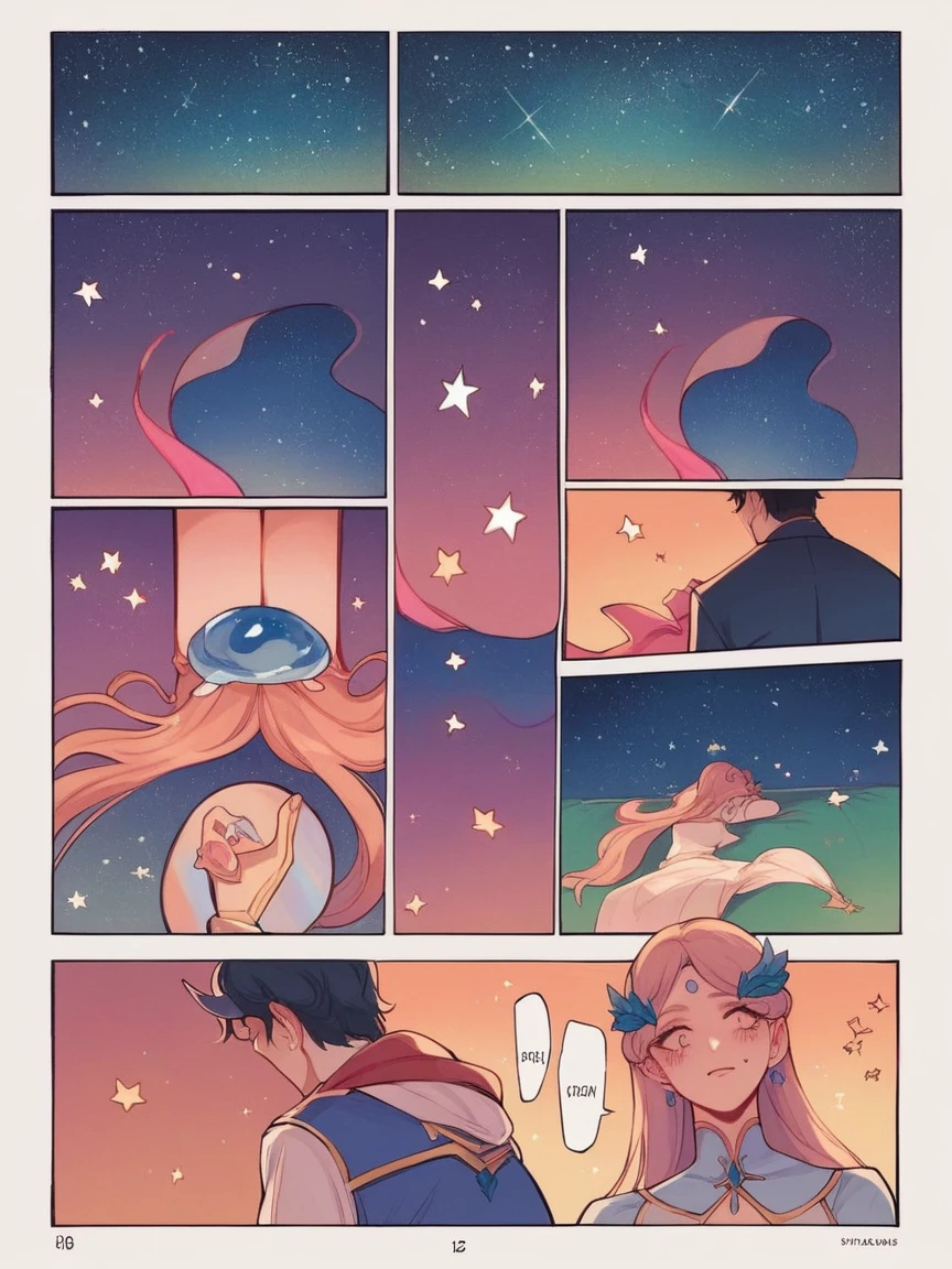 score_9, score_8_up, score_7_up, score_6_up, p4n3ls, 1girl, 1boy, stars, long hair, panels, (8k, best quality, master piece: 1.2),super high resolution,A page of a soft pastel colored comic book divided into frames、A princess falls in love with a demon、speech bubble、Powerful girl manga style