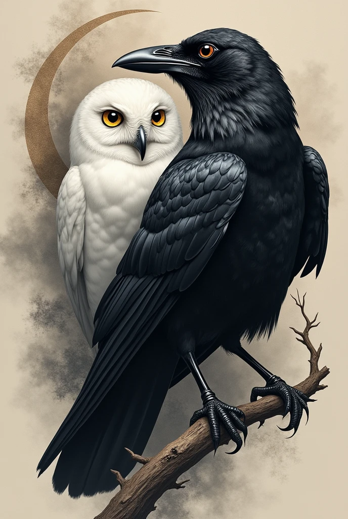 Create a tattoo image on your forearm featuring a crow and a white owl 