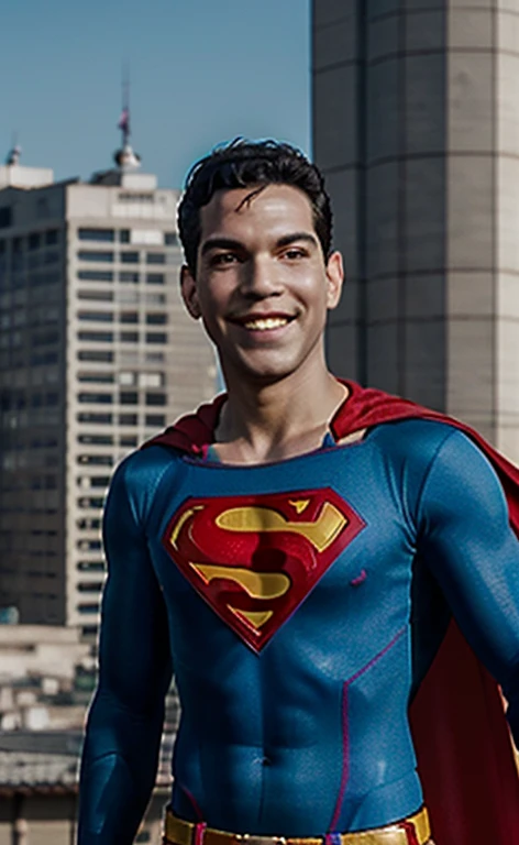 (Best Quality:1.3), Filming movies, masterpiece, (sharp focus:1.5), (natural:1.3), medium portrait (cantinflas on top of a building, smile, proud and fierce, Wearing the Superman suit, the cape fluttering in the wind., Give the scene a bright atmosphere), day, (highly refined leather), (detailed face), detailed background, daylight, volumetric lighting, intricate details, ultra high definition, 