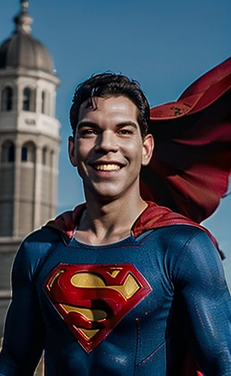 (Best Quality:1.3), Filming movies, masterpiece, (sharp focus:1.5), (natural:1.3), medium portrait (cantinflas on top of a building, smile, proud and fierce, Wearing the Superman suit, the cape fluttering in the wind., Give the scene a bright atmosphere), day, (highly refined leather), (detailed face), detailed background, daylight, volumetric lighting, intricate details, ultra high definition, 