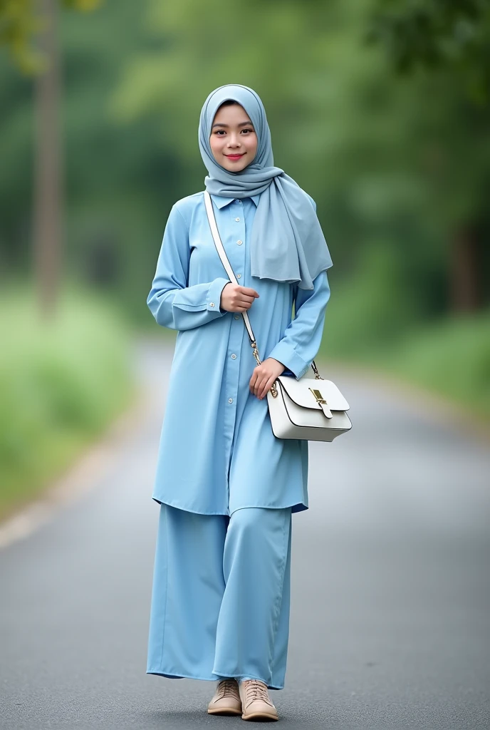 A beautiful young Arabic woman in a hijab light blue, wearing a light blue shirt, leggings, and a white purse, light brown shoes is standing facing the viewer on the paved road. ((Full Body Professional Gemoy)) and the background was a blurry image of trees and grass. The style is realistic and the images are sharp and well-lit.(( Full-body close-up photos))