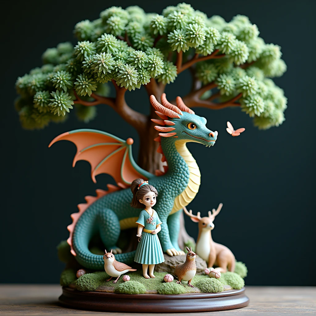 Ceramic Figurine of a Dragon and a Girl Next to Him Very Beautiful Composition Under the Tree Different Animals, birds and butterflies fly with Small Elements, Full Detail Stands on a Stand, Very Beautiful Multicolored Wings, Patterns all over the body Image of full clarity and detail, score_9,score_8_up,score_7_up,dramatic lighting,highly detailed,high budget,bokeh,cinemascope,moody,epic,gorgeous,film grain,grainy,masterpiece,best quality,perfect anatomy,very aesthetic,official art,8k,