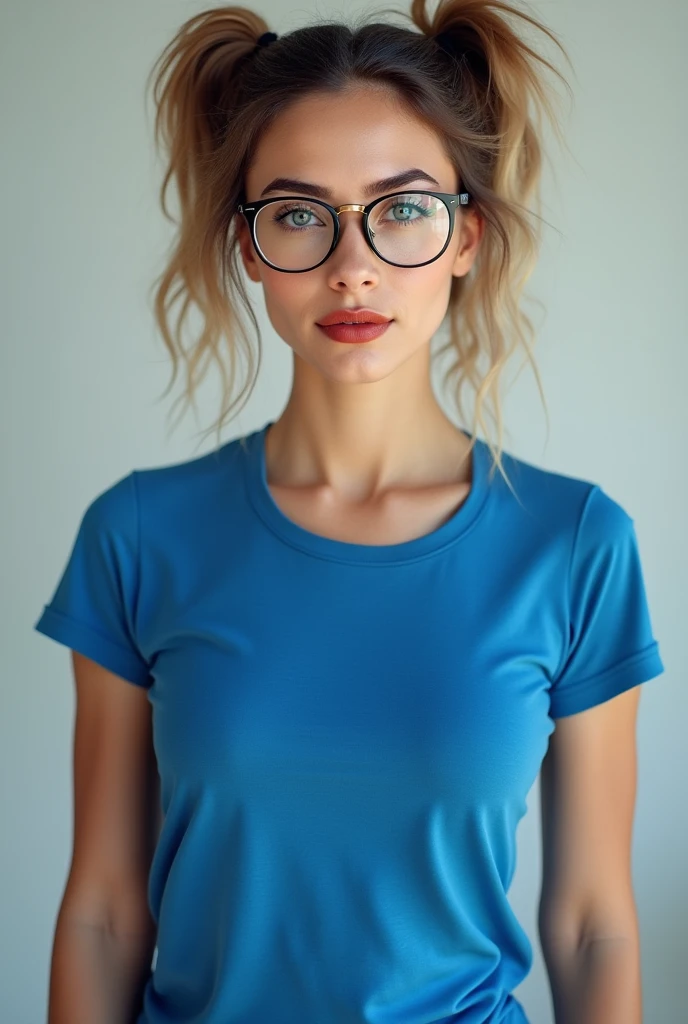 "A hyperrealistic full-body portrait of a European woman with an athletic build, slightly broader shoulders, and a confident posture. She is wearing a blue t-shirt that fits her well, highlighting her slightly larger shoulders and body. Her face has sharp cheekbones, a smart straight nose, and she wears thin-framed glasses that rest elegantly on her face. Her lips are dark red and moisturized, contrasting against her milk-white fair skin. Her captivating blue eyes accentuate her face shape. She has dark blonde hair styled into two puffy ponytails, giving her a youthful yet sophisticated appearance. The image should have a neutral background, focusing on her vibrant personality and features. The portrait is framed in a 9:16 aspect ratio, capturing her entire body."