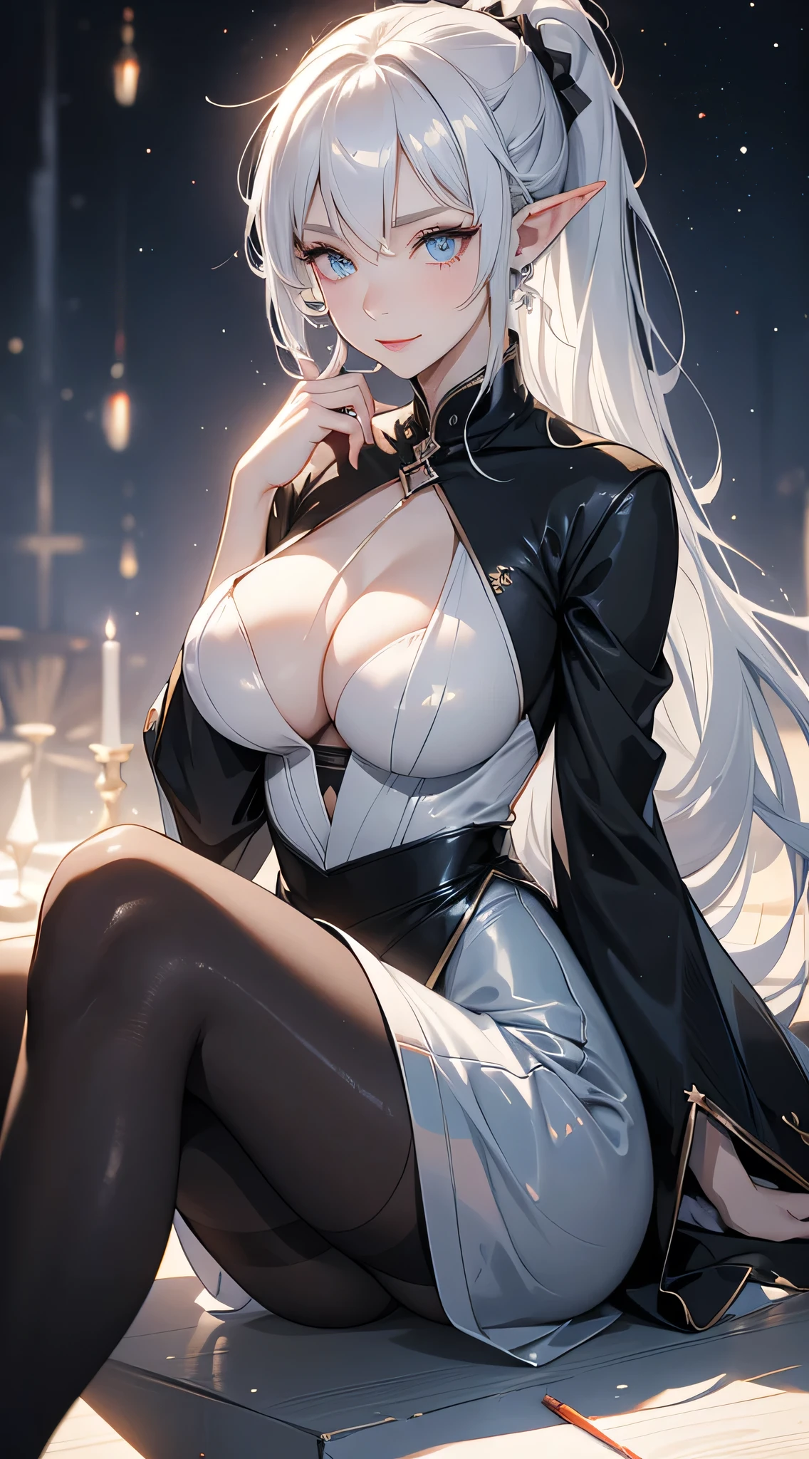 1 girl, solo, Shiranui_Flare, very large breasts, dark_elf, pale grey skin, white hair with black tips, long pointy ears, long hair, low ponytail, sidebangs, hair between eyes, straight hair, starry blue eyes, wide hips, curvy waist, thick thighs, milf, wide V-neck, tight shirt, bodystocking, pencil skirt, black pantyhose, sitting, alien-like command post, evil smile