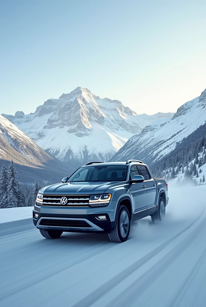 gray vw teramont car against the backdrop of snowy alps drives at speed, side view