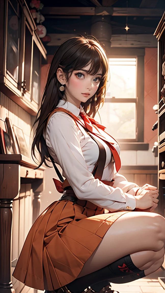 beautiful, masterpiece, highest quality, Highly detailed face, Perfect lighting, One girl, alone, matoi ryuuko b, senketsu, Suspender skirt, squat,blush, Cowboy Shot