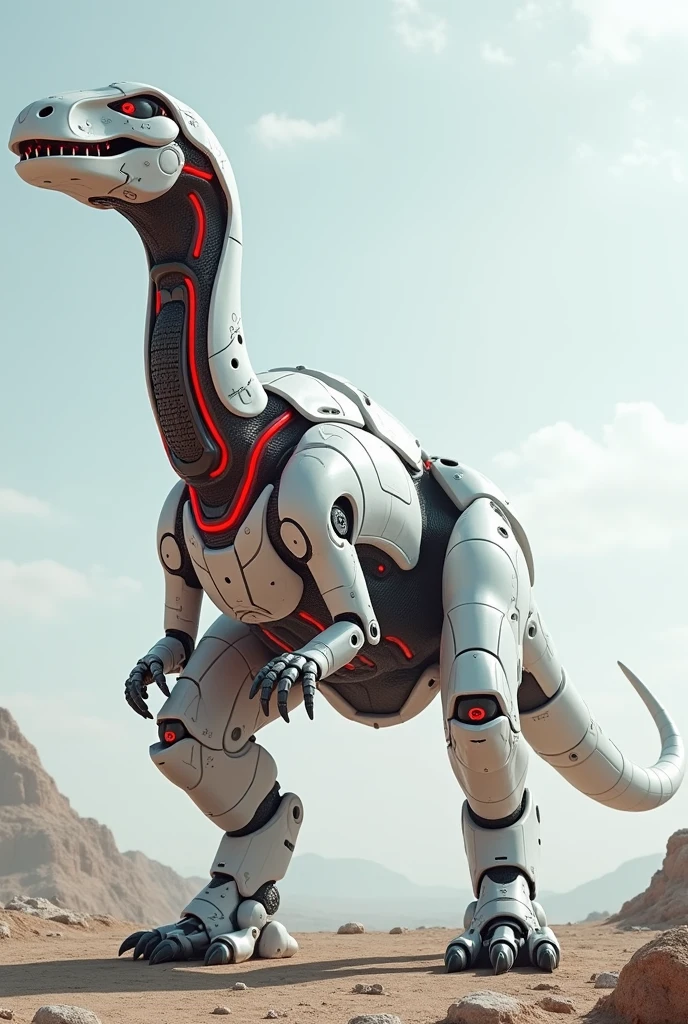 A dinasor is white and red color in robot

