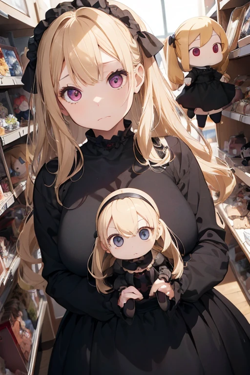 1 female, age girl, black long sleeve dress, blonde long hair, rosa cheeks, doll store, playing a dolls, sad face, huge breast, gothic make up