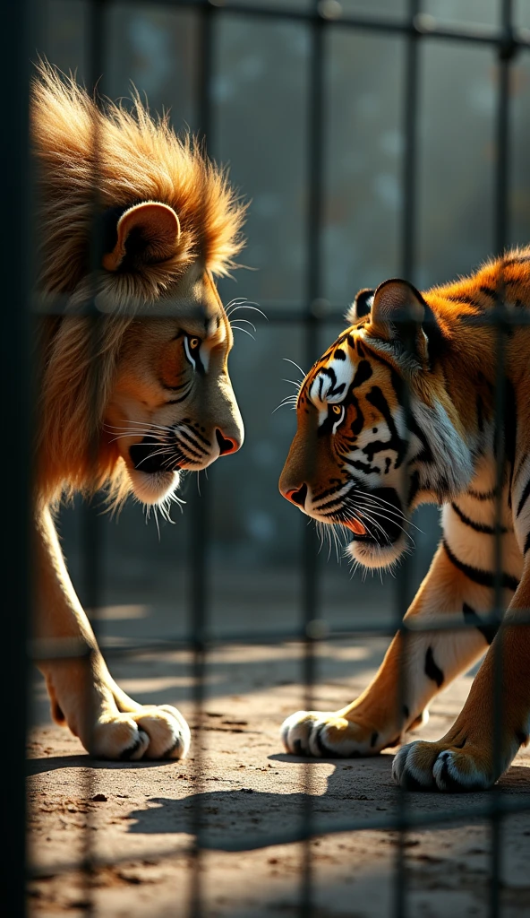 Lion and tiger in the same cage
