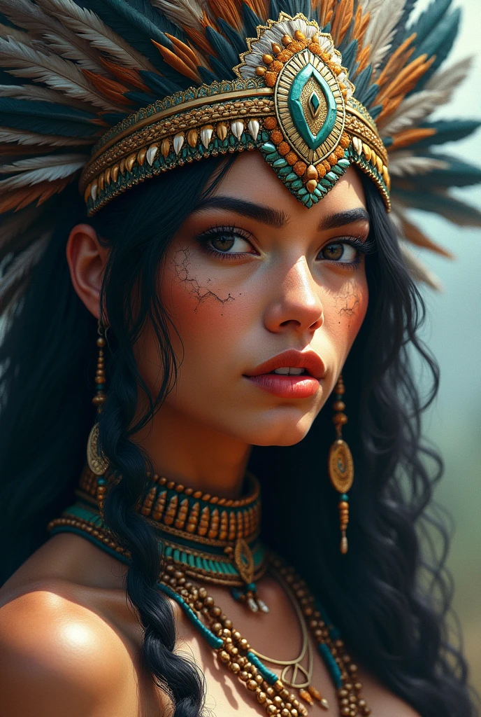 Close-up of a woman wearing a feather headdress and feathers., Brush painting inspired by Hedi Xandt, Trending on artstation, fantasy art, Aztec princess figure, Tribal style, Beautiful and detailed, both body and face, Tribal makeup, : Native American shamen fantasy, wearing a Native American choker, Native American, Tribal face paint, Aztec warrior goddess