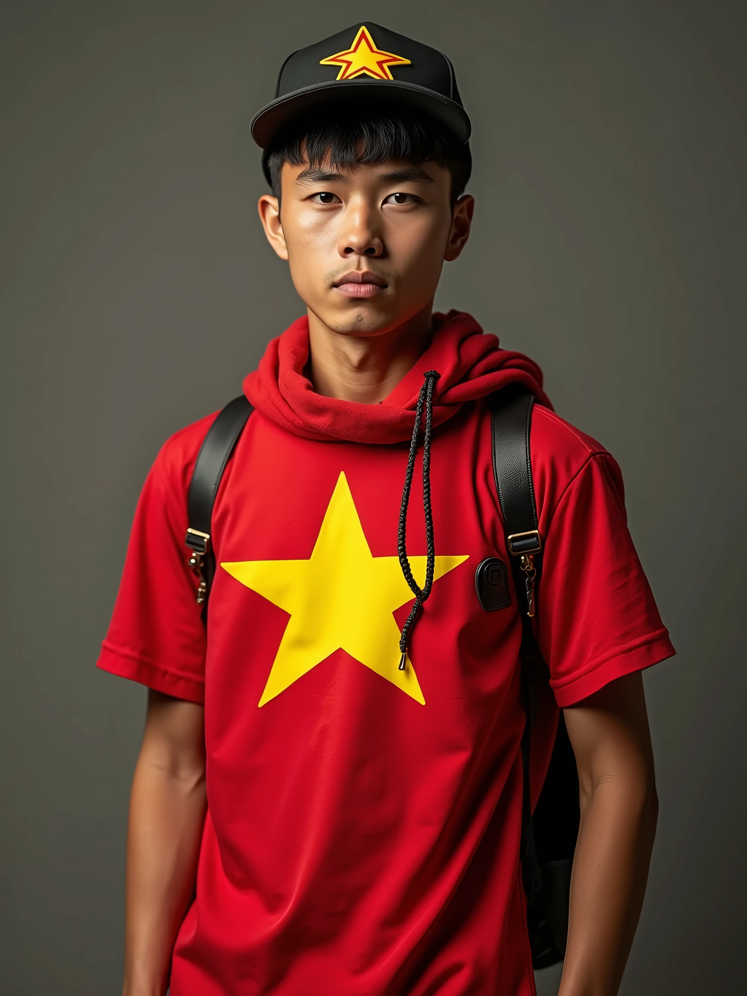 A young man wearing a Vietnamese flag outfit. He wears a red T-shirt with a prominent five-pointed yellow star in the middle, the symbol of the Vietnamese flag. His pants can be black or red, to balance the colors of the flag. This outfit shows patriotism and national pride. He can wear accessories such as a hat or a scarf that also has colors or images related to the Vietnamese flag.