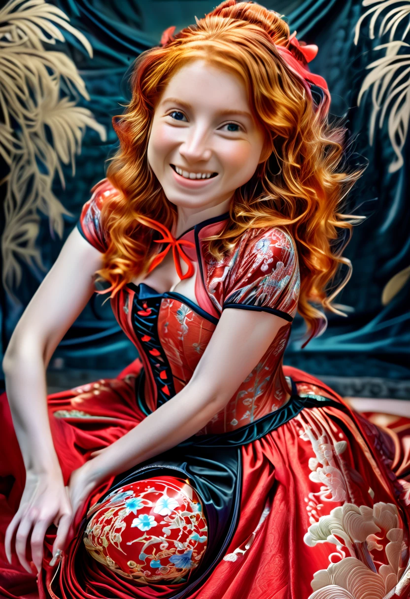 A European girl with vibrant ginger hair and grey eyes, hayr, prolapse, slugtail, She wears a stunning red dress adorned with intricate Chinese patterns, featuring a red corset and crinoline. Her long, curly hair cascades volumetrically, while she squats gracefully, holding her skirt. The scene is ultra-realistic, highlighting her long legs and wide hips, complemented by red toe socks, freckles, standing up, elegant, holding a whip, (((undressing))), lifting up gown right enough to expose a little of her lovely crotch, sexy face,