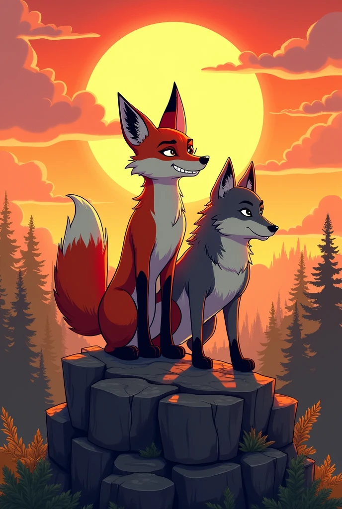 A sly fox smiling with a mischievous look in the middle of the sunset. next to the fox there is a tame wolf. in the background of the image you can see the sun around them, they are on top of a rock and there are distant forests in the picture, comic book style. 