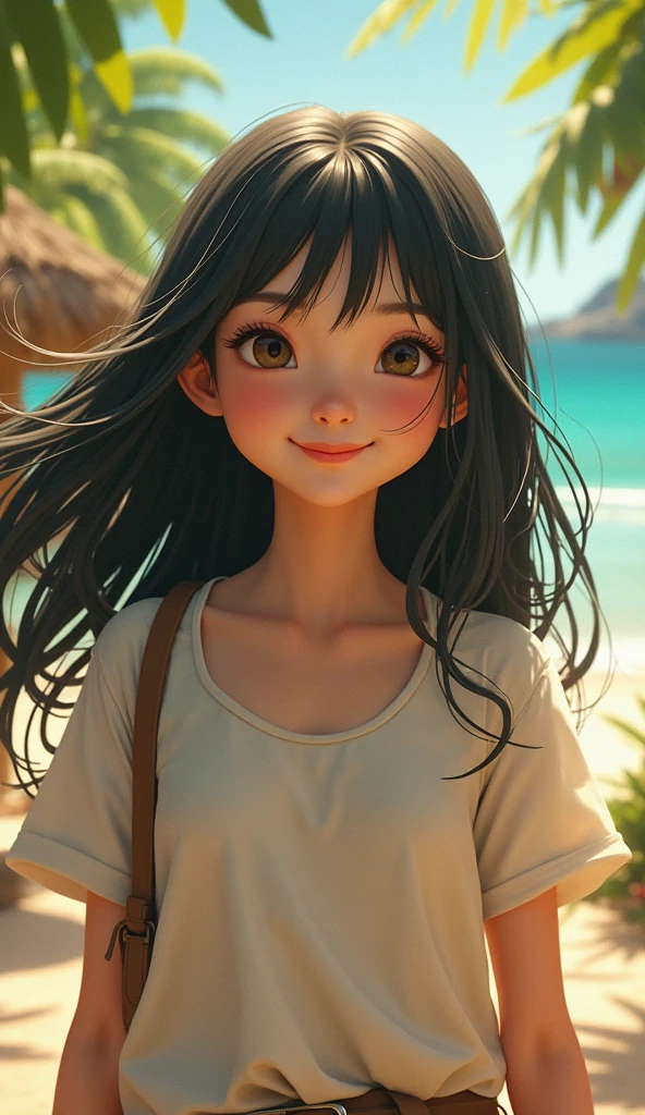 Personifying animals,Black Hair, Sloth,girl,Smiling,Pieces towards this side,The clothes are neat and clean,The background is a sunny southern island.