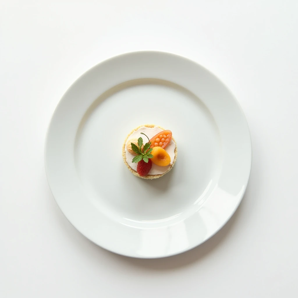 "A top-down shot focusing on a plain white plate set on a plain white table. The plate holds a beautifully arranged dessert, with the simplicity of the setting highlighting the elegance of the presentation."