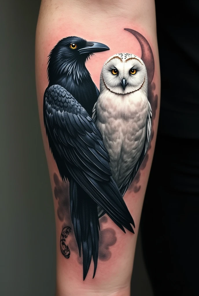 Create a tattoo image on your forearm featuring a crow and a white owl 