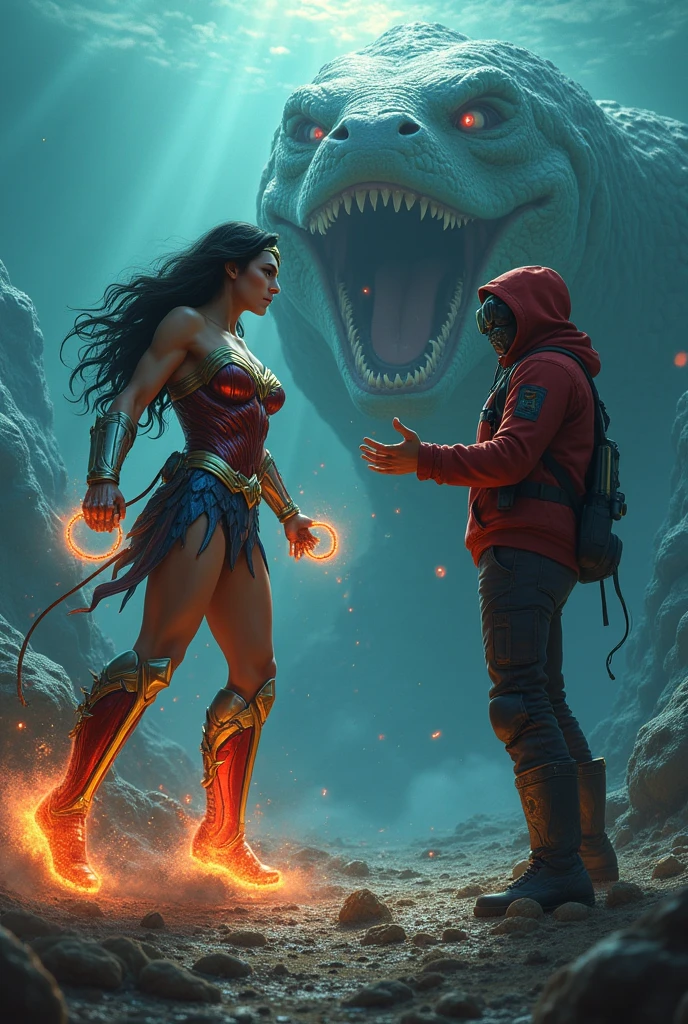 Wonder woman, big breasts, perfect body, Busty & kid Star-Lord with red hoodie, Rocket boots, headphones, star-lord helmet, gas helmet, Covered mouth, Round & red eyes, ocean floor, underwater, Fighting with titanoboa, power, blood, Kick, Attack, magic rings in the hands, Fighting, power, fiction, full body, magic lasso, hight, fall, fire in boots, poweful spells, realistic, helmet, mask, float, war, kill, dead, wound, Above him.
