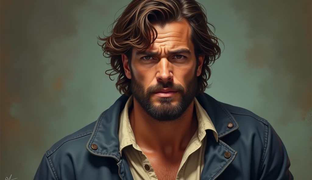 with wavy brown hair that falls just above his eyes, giving him a slightly tousled, adventurous look. His hair has a natural sheen that catches the light, accentuating the subtle highlights in his locks. His face is strong and chiseled, with a light stubble that adds to his rugged charm. His eyes are a deep, warm brown, filled with intensity and a determined resolve, as if he's faced numerous challenges and is ready for more. He wears a vintage navy-blue jacket, well-worn but sturdy, suggesting it has seen many journeys. Underneath, he sports a cream-colored shirt, slightly unbuttoned at the collar, revealing a hint of a muscular chest. The fabric of his shirt is slightly wrinkled, indicating a man who values practicality over appearances. His broad shoulders and confident stance convey strength and reliability, while his firm, set jaw shows that he is someone who is not easily deterred. Despite the challenges before him, his expression remains focused and unwavering, a clear sign of his determination and leadership qualities."