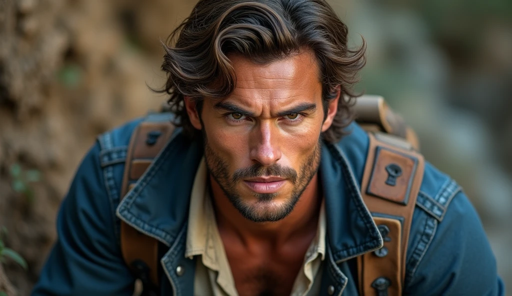 with wavy brown hair that falls just above his eyes, giving him a slightly tousled, adventurous look. His hair has a natural sheen that catches the light, accentuating the subtle highlights in his locks. His face is strong and chiseled, with a light stubble that adds to his rugged charm. His eyes are a deep, warm brown, filled with intensity and a determined resolve, as if he's faced numerous challenges and is ready for more. He wears a vintage navy-blue jacket, well-worn but sturdy, suggesting it has seen many journeys. Underneath, he sports a cream-colored shirt, slightly unbuttoned at the collar, revealing a hint of a muscular chest. The fabric of his shirt is slightly wrinkled, indicating a man who values practicality over appearances. His broad shoulders and confident stance convey strength and reliability, while his firm, set jaw shows that he is someone who is not easily deterred. Despite the challenges before him, his expression remains focused and unwavering, a clear sign of his determination and leadership qualities."