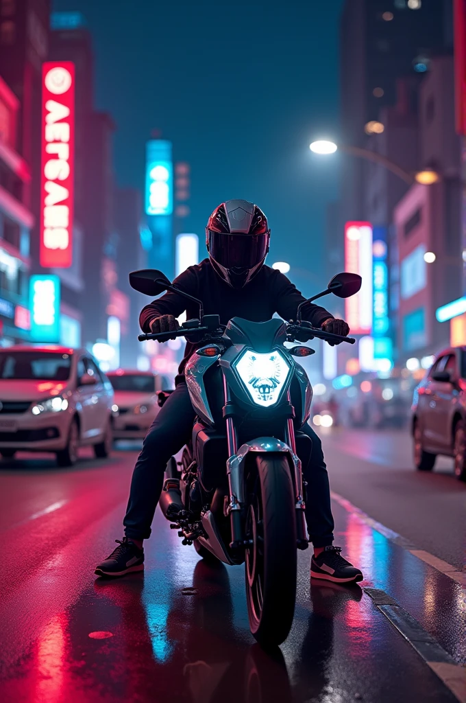 Bajaj ns 200 in new Delhi at night with neon light