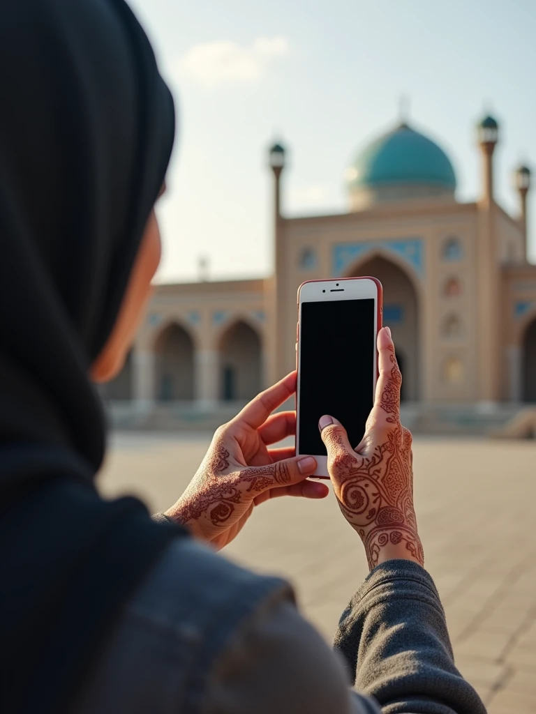 a hijabi girl taking his hands photo while she have  phone on his hand in ozbakistan famuse plases. Show only her hand and phone. Phone while screan is sholud be off or black only Realistik 4k.