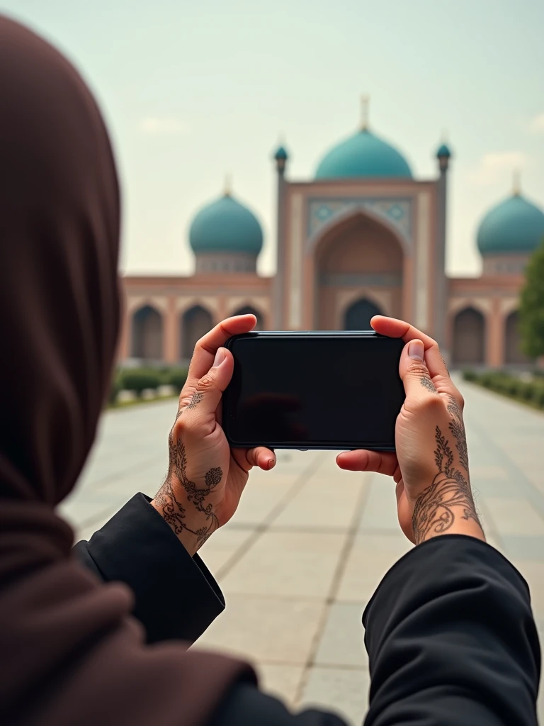 a hijabi girl taking his hands photo while she have phone on his hand in ozbakistan famuse plases. Show only her hand and phone. Phone while screan is sholud be off or black only Realistik 4k.