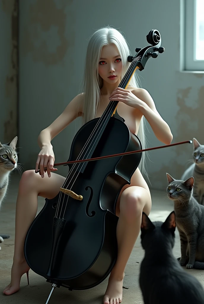 (photorealism:1.2) beautiful woman with long silver hair with red eyes , nude with heels , playing a black cello with cats
