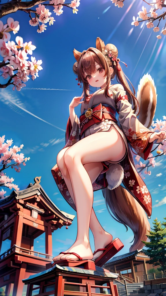 shrine,Cherry tree,cute,Playful,Girl,Double buns with long hair,Squirrel ears,B cup,Furry squirrel tail,Japanese Kimono,big bell jewelry,kick
