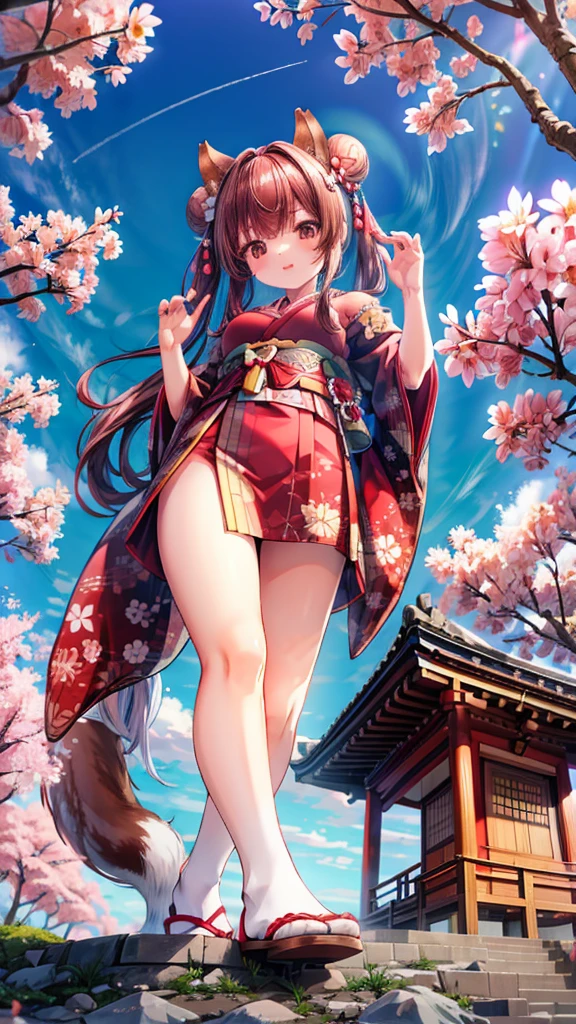 shrine,Cherry tree,cute,Playful,Girl,Double buns with long hair,Squirrel ears,B cup,Furry squirrel tail,Japanese Kimono,big bell jewelry,kick